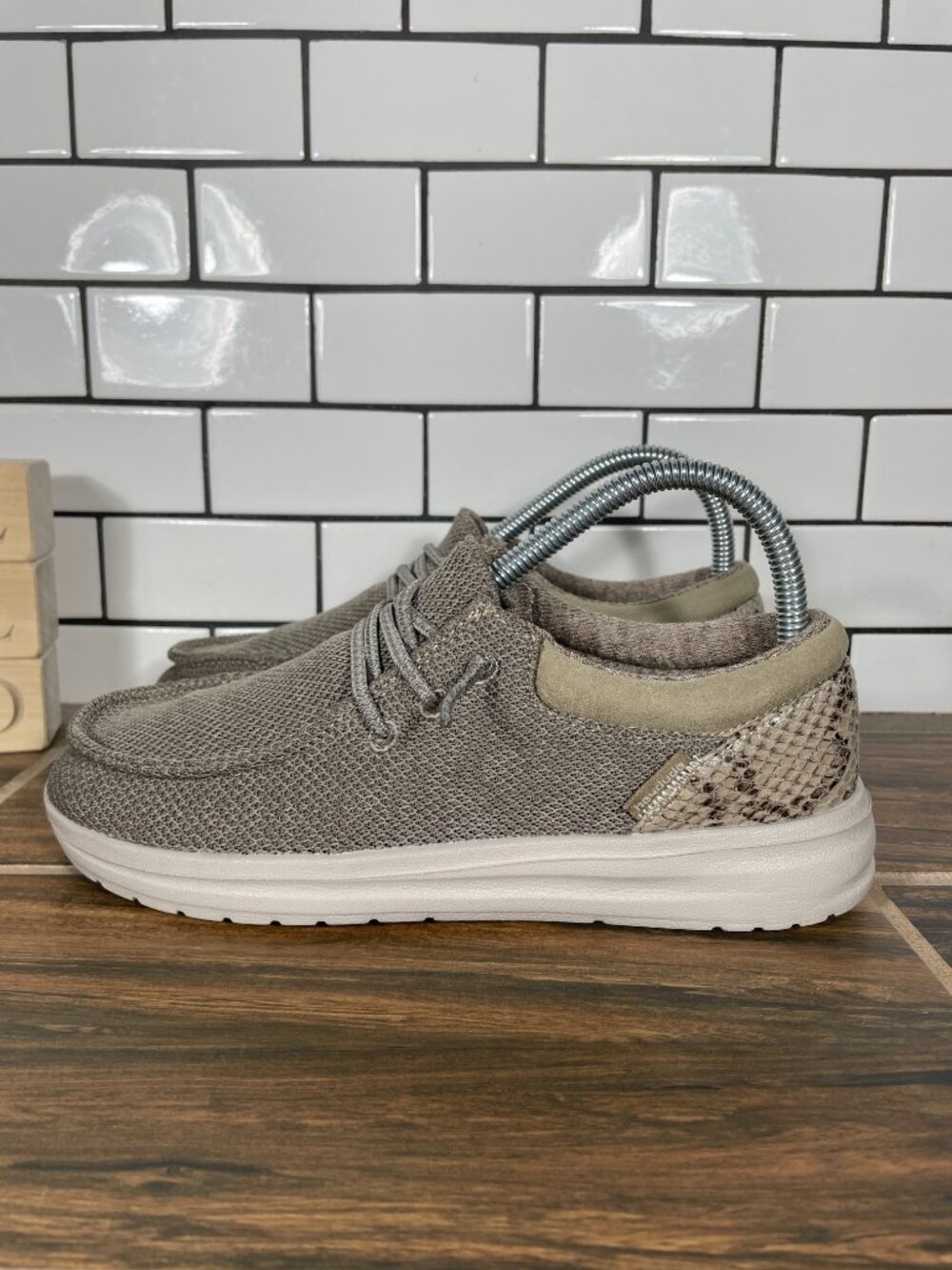 Hey Dude Polly Sox Shoes Womens Size 6 Caramel Snake Print Moc Toe Slip On